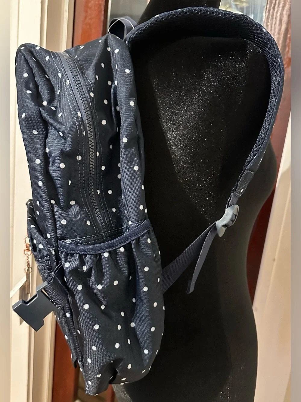Abercrombie & Fitch Navy Blue Polka Dot Classic Backpack w/Goldtone Moose Charm